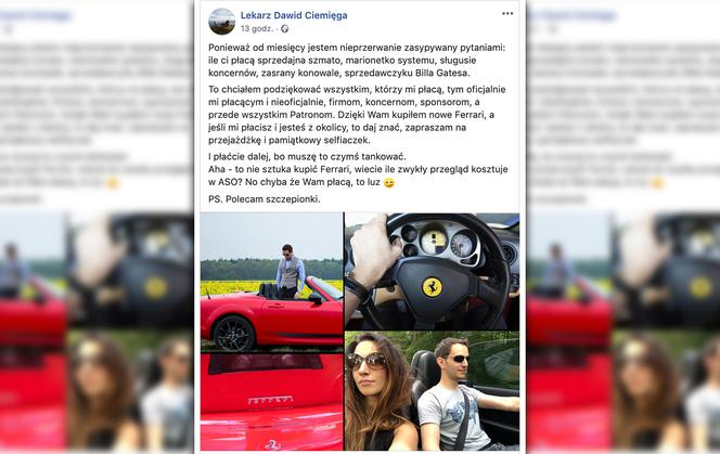 Dawid Ciemięga kupił Ferrari? Lekarz trolluje na facebooku