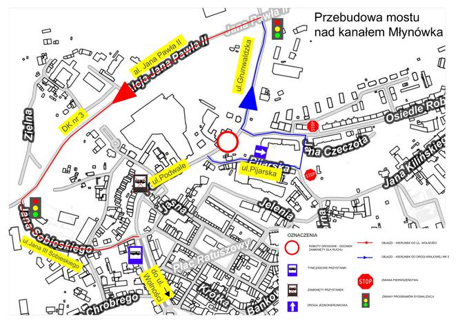 Mapa objazdów na Podwalu