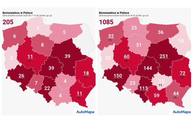 Z lewej zakażenia w Polsce 17 marca. Na mapce z prawej wykryty zakażenia koronawirusem na dzień 26 marca