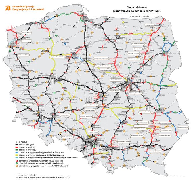 Mapa dróg planowanych do oddania w 2021