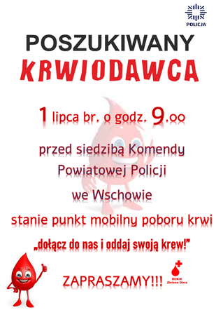 Policja we Wschowie zaprasza na zbiórkę krwi. Pierwszą w tym roku