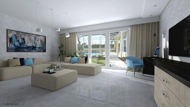 Elegancki salon ze stonowanym gresem Harmigon Tundra