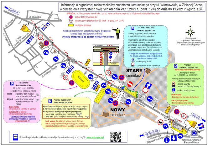 Mapa zmian w organizacji ruchu 1 listopada w Zielonej Górze