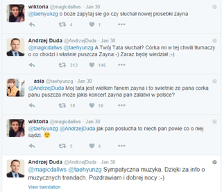 Andrzej Duda pisze na Twitterze z fankami ZAYNA