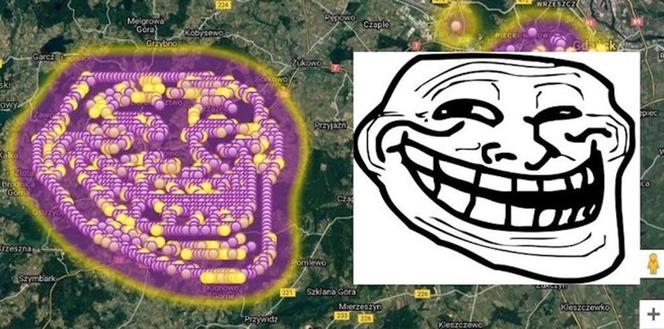Ktoś strollował mapę oznaczeń smrodu z wysypiska tak, żeby powstał... trollface!