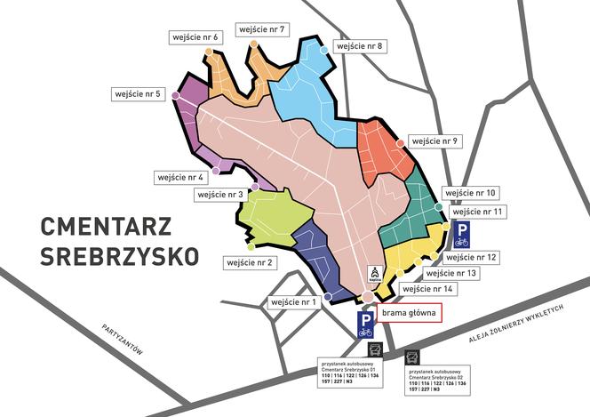 Na cmentarz Srebrzysko można wejść jednym z 15 wejść