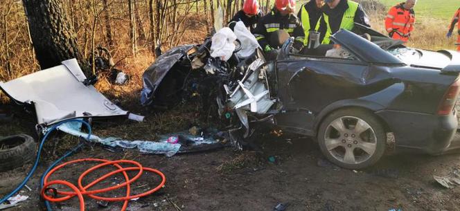 KOSZMARNY wypadek w Łódzkiem. 21-latek wypadł z drogi, auto kompletnie ZMIAŻDŻONE