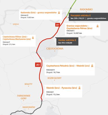 Autostrada A1 - odcinek Częstochowa-Tuszyn. Mapa