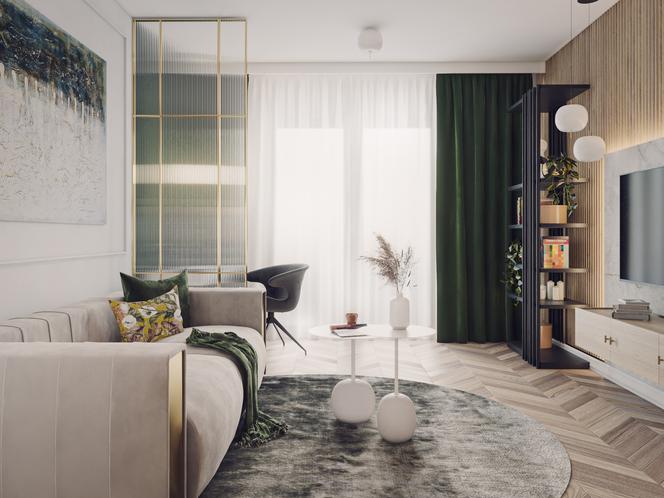 NOWE MIESZKANIE. Salon, proj. Ada Skwira, Małgorzata Liebhart – WZ Studio. Wersja 1. – Klasyczna elegancja