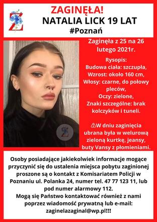 plakat zginięcie Natalii Lick