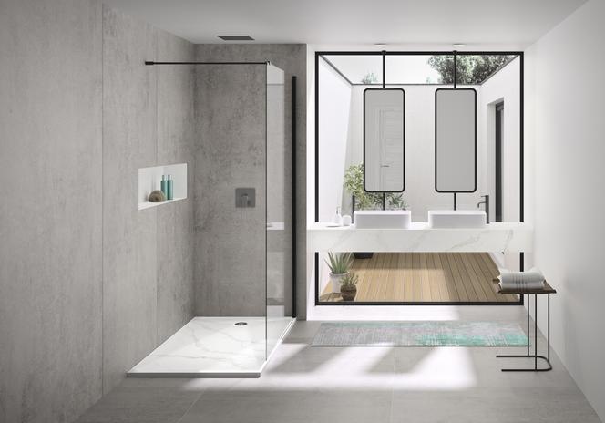 Podłoga i ściany: Dekton Kreta, brodzik, blat i umywalki: Silestone Calacatta Gold