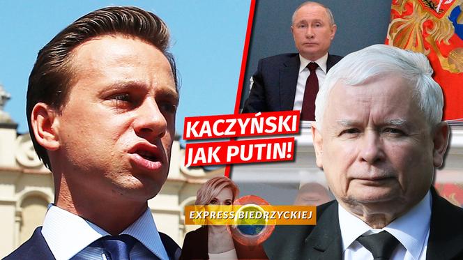Wkurzony Krzysztof Bosak zestawiony z Kaczyńskim albo Kaczyńskim i Putinem i napis KACZYŃSKI JAK PUTIN!