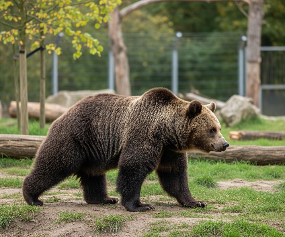 Duży brunatny niedźwiedź stoi bokiem na lekko pagórkowatym, częściowo porośniętym trawą terenie. Zwierzę ma gęste, brązowe futro z jaśniejszymi, szarawymi pasmami na grzbiecie i barkach. Tło stanowi zielony las z kilkoma drzewami o żółknących liściach oraz metalowe ogrodzenie. Na ziemi widać powalone pnie drzew i kamienie.