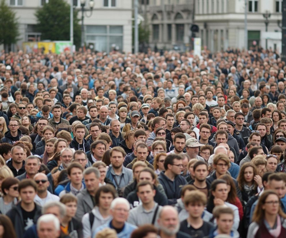 Tłum ludzi wypełnia całe kadr, rozciągając się od samego dołu obrazu aż po horyzont, gdzie widać niewyraźne budynki miejskie. Większość osób jest zwrócona w stronę obiektywu, a ich twarze, włosy i ubrania mają różnorodne odcienie beżu, brązu, szarości, bieli i czerni. Na pierwszym planie widać wyraźnie pojedyncze twarze, okulary i zarysy ubrań, a im dalej w głąb obrazu, tym bardziej sylwetki i rysy twarzy zlewają się w jedną, gęstą masę. W tle, ponad głowami tłumu, majaczą fragmenty jasnych budynków o prostych, modernistycznych kształtach, drzewa o zielonym listowiu oraz słupy z lampami ulicznymi.