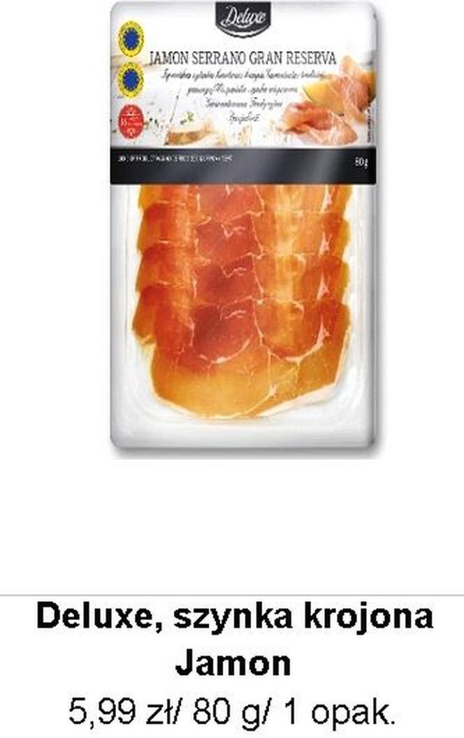 Deluxe, szynka krojona Jamon w cenie 5,99 zł/ 80 g/ 1 opak