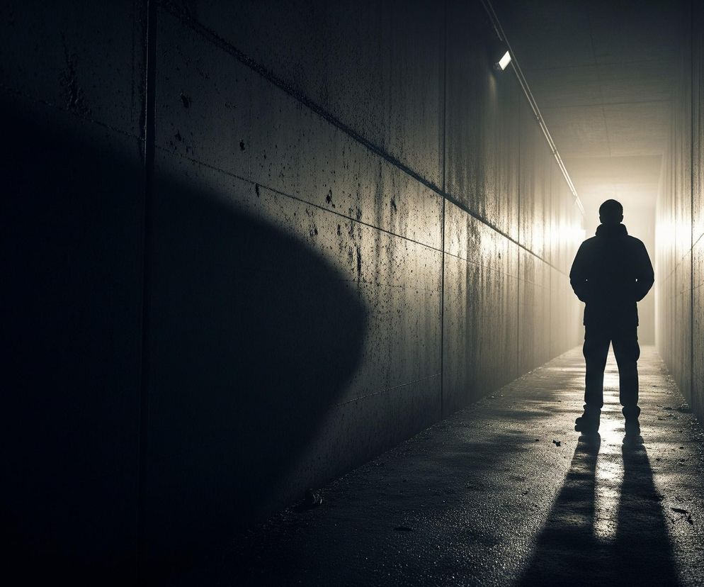 W centrum obrazu stoi sylwetka człowieka, zwrócona plecami do obserwatora, w ciemnym korytarzu lub tunelu. Postać jest całkowicie zacieniona, tworząc wyraźny kontur na tle jasnego, mglistego światła widocznego na końcu przejścia. Długa, ciemna ścieżka korytarza rozciąga się w głąb obrazu, a jej ściany są wykonane z surowego betonu, z widocznymi poziomymi i pionowymi fugami oraz nieregularnymi teksturami, być może śladami wilgoci lub brudu. Na ścianach i podłożu widoczne są cienie rzucane przez postać i nierówności, podkreślone przez pojedynczą, prostokątną lampę umieszczoną na lewej ścianie, rzucającą światło w głąb korytarza. Całość utrzymana jest w chłodnych, ciemnych tonacjach, od głębokich czerni po szarości i rozmyte biele.