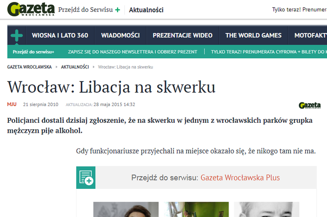 Artykuł Libacja na skwerku - screen Gazeta Wrocławska