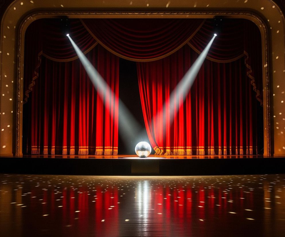 Scena teatralna z ciężkimi, drapowanymi czerwonymi zasłonami w tle jest centralnym punktem obrazu. Na podwyższonej scenie znajduje się srebrna kula dyskotekowa, oświetlona dwoma intensywnymi białymi snopami światła skierowanymi z góry pod kątem. Światła odbijają się od kuli, rzucając liczne, jasne, eliptyczne plamy na drewnianą podłogę przed sceną oraz na ściany i balkony po bokach, tworząc efekt rozgwieżdżonego nieba. Rama sceny i balkony są ozdobione złoto-kremowymi rzeźbieniami, kontrastując z ciemnym wnętrzem widowni.