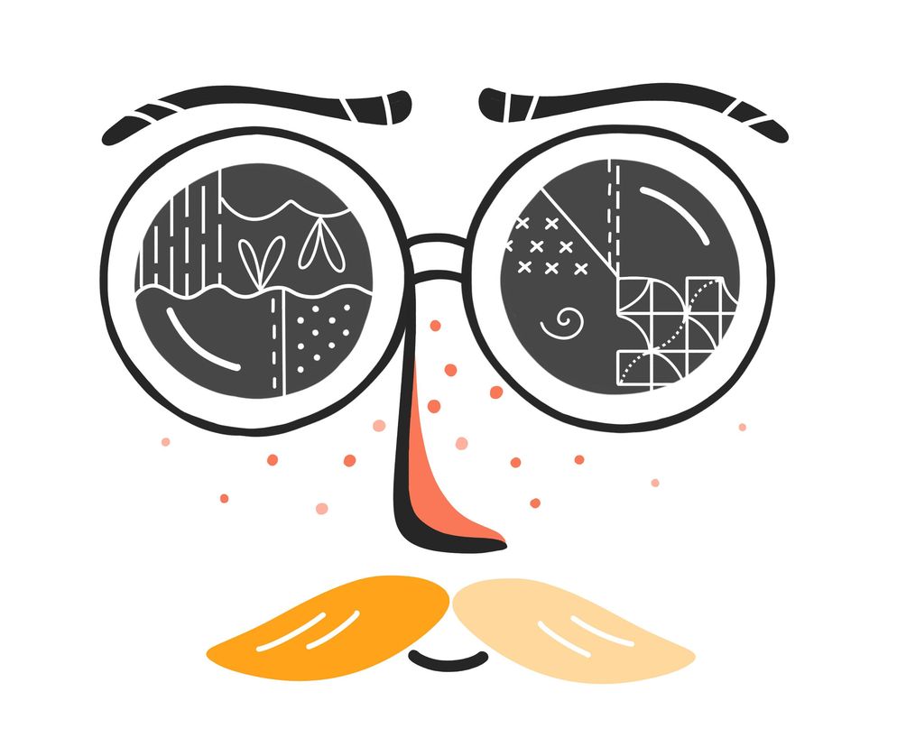 Stylizowana grafika z twarzą mężczyzny w okularach i wąsami, odzwierciedlająca tematykę mody męskiej i stylów wśród architektów. W soczewkach okularów widać abstrakcyjne wzory, nawiązujące do projektowania. Dowiedz się więcej o Bombie w toalecie na Architektura Murator Plus.