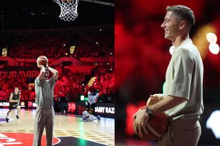 Robert Lewandowski dał show w przerwie meczu Polska - Francja. Wszedł na parkiet i zaczął rzucać do kosza! [ZDJĘCIA]