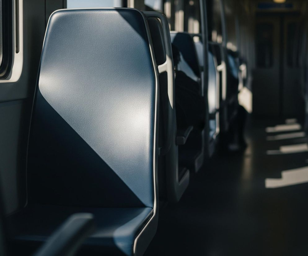 Wnętrze pociągu przedstawia rząd siedzeń wzdłuż okna, z których jedno, tapicerowane ciemnoniebieskim materiałem, znajduje się na pierwszym planie po lewej stronie. Na siedzeniu widoczne są kontrastujące obszary światła i cienia, z intensywnym blaskiem słońca padającym z prawego górnego rogu. Prawa strona kadru ukazuje szereg podobnych, częściowo zacienionych siedzeń, biegnących w głąb wagonu, co tworzy perspektywę i poczucie głębi. Podłoga pociągu jest ciemna, z pojedynczymi plamami światła, a ogólna paleta barw jest zdominowana przez odcienie szarości, błękitu i ciemnego granatu.