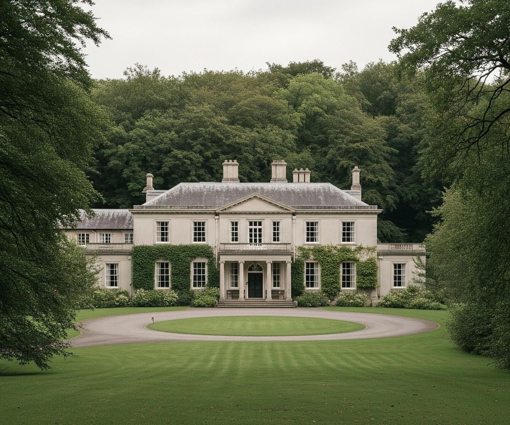 Centralnie usytuowany jest duży, kremowy budynek w stylu klasycystycznym, otoczony bujną zielenią. Fasada domu posiada symetryczne okna z białymi ramami i ciemne drzwi wejściowe, nad którymi znajduje się balkon wsparty na kolumnach. Pnąca roślina pokrywa część elewacji wokół środkowych okien. Przed domem rozciąga się równo przystrzyżony, jasnozielony trawnik z wyraźnymi paskami, a przez niego biegnie owalny podjazd z ciemnego żwiru. Całość jest otoczona gęstymi drzewami o ciemnozielonych liściach, tworzącymi naturalną ramę po bokach i tło za budynkiem.