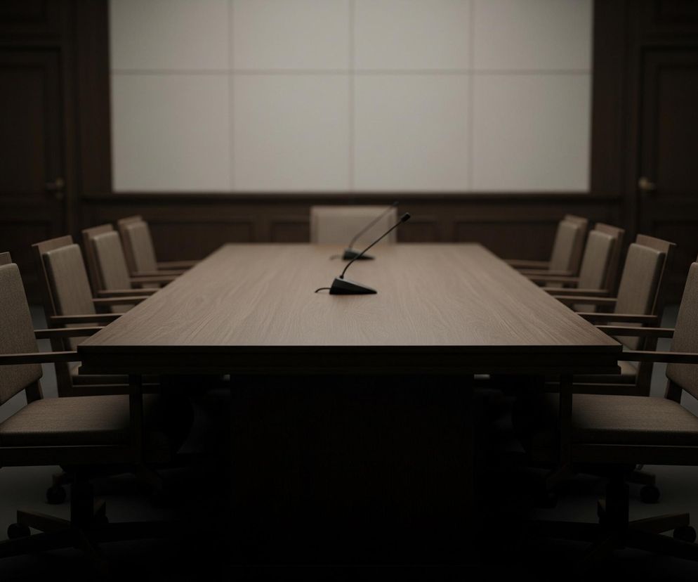 Centralnie umieszczony jest długi, drewniany stół konferencyjny w jasnobrązowym odcieniu, otoczony krzesłami z obiciem w podobnym kolorze. Na stole rozmieszczone są trzy mikrofony na giętkich ramionach, a za nim znajduje się podświetlona, duża biała tablica podzielona na kwadratowe panele. Ściany pomieszczenia są wyłożone ciemnobrązową boazerią, z dwojgiem drzwi po obu stronach tablicy, a oświetlenie skupia się głównie na środkowej części stołu, pozostawiając resztę pokoju w półmroku.