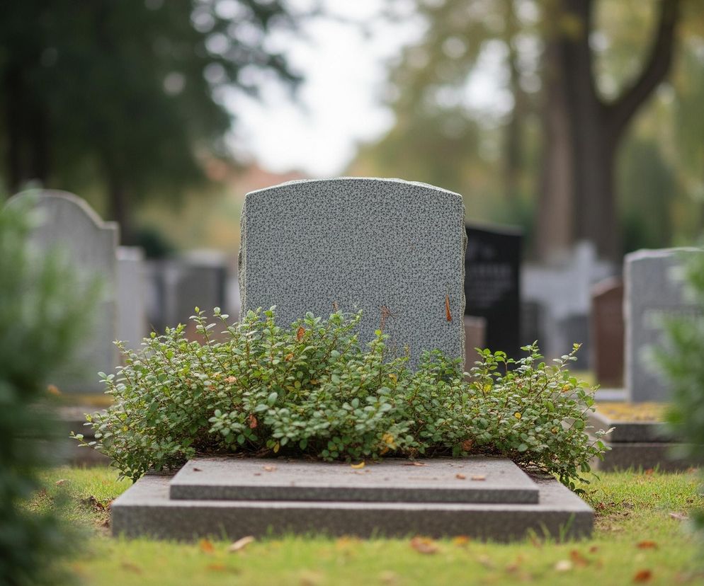 Na pierwszym planie, centralnie, stoi szary nagrobek o zaokrąglonej górnej krawędzi, wykonany z materiału przypominającego granit z ciemnymi kropkami. Pod nim znajduje się dwupoziomowa podstawa, również szara, a wokół niej rośnie kępa zielonych krzewów z drobnymi liśćmi, miejscami przebarwionymi na żółto. Trawa naokoło jest zielona, z widocznymi pojedynczymi, suchymi liśćmi. W tle widać szereg innych, rozmytych nagrobków i drzew.