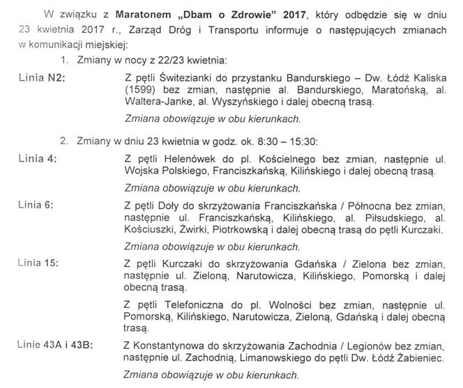 1 Komunikacja miejska podczas DOZ Maraton Łódź 2017