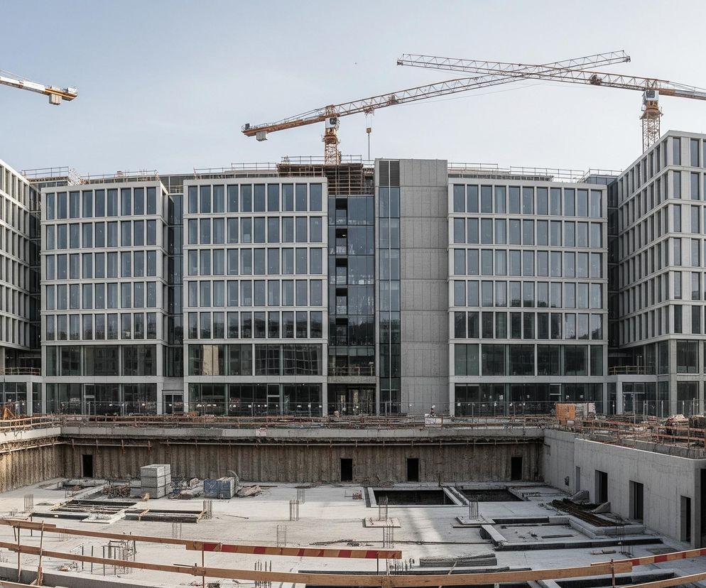 Na pierwszym planie widoczny jest duży, prostokątny wykop w ziemi, z betonową wylewką na dnie i częściowo wzniesionymi betonowymi ścianami podziemi. W tle rozciąga się duży, szary, nowoczesny budynek w trakcie budowy, z licznymi rzędami prostokątnych okien i przeszklonymi fasadami. Na dachu budynku oraz obok niego operują trzy duże żurawie budowlane o pomarańczowo-białych ramionach, co wskazuje na aktywny plac budowy. Całość sceny utrzymana jest w chłodnej palecie barw, dominują szarości betonu i szkła oraz błękit nieba.