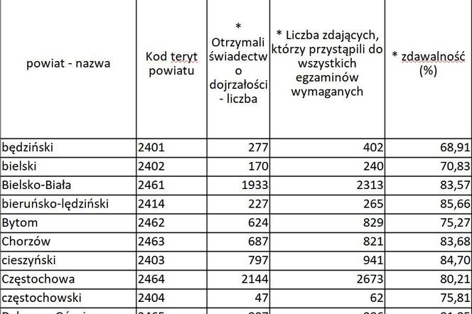 Wyniki zdawalności matury 2025 w miastach i powiatach województwa śląskiego
