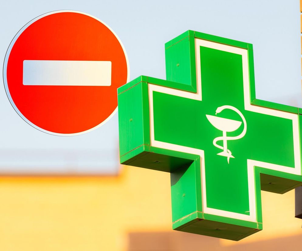 Symbol apteki i znak zakazu wjazdu