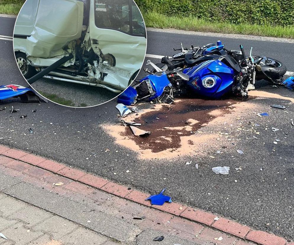 Motocykl rozpadł się na kawałki! Jego kierowca huknął prosto w busa i zginął. Wypadek na DK 46 w Blachowni