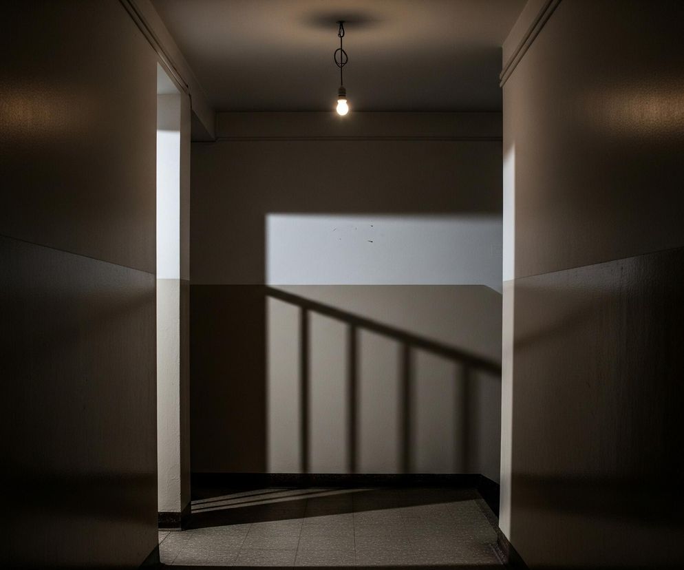 Długi, wąski korytarz rozciąga się w głąb obrazu, z ciemnymi ścianami po obu stronach tworzącymi tunelowy efekt. Na suficie, centralnie umieszczona, wisi pojedyncza, żarząca się żarówka, emitując ciepłe, żółtawe światło. W głębi korytarza widoczny jest zakręt lub otwór, przez który wpada jasne, białe światło zza rogu, rzucając na przeciwległą ścianę wyraźny cień przypominający poręcz schodów. Podłoga wyłożona jest jasnoszarą terakotą z widocznymi fugami.