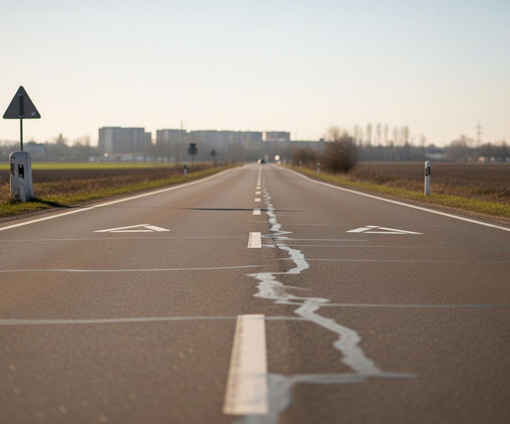 Długa, asfaltowa droga biegnie prosto w kierunku horyzontu, dzielona centralnie falistą, białą linią przerywaną i dwoma równoległymi liniami ciągłymi. Na jezdni widoczne są również białe strzałki kierunkowe, po jednej na każdym pasie. Po obu stronach drogi rozciągają się brązowe pola uprawne, a w oddali widać zabudowania miejskie i drzewa pod jasnym, zamglonym niebem. Na pierwszym planie po lewej stronie drogi stoi betonowy słupek ze znakiem drogowym w kształcie czarnego trójkąta.