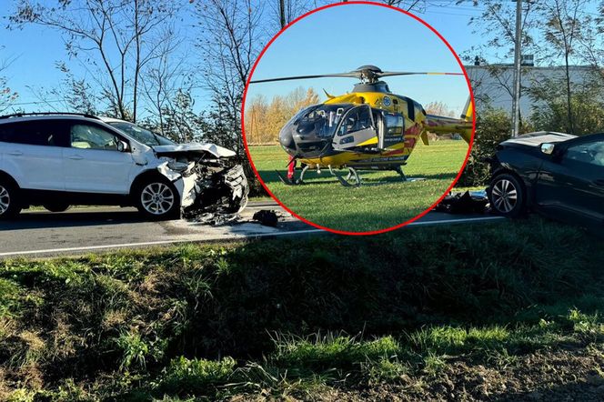 Poważny wypadek pod Mielcem. Czołowe zderzenie forda i hyundaia. 1,5-roczne dziecko zabrał śmigłowiec [ZDJĘCIA]