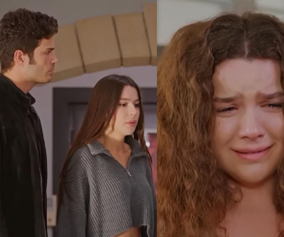 Ege, Zeynep i płacząca Melis w scenie z tureckiego serialu Miłość i nadzieja, gdzie Ege dowiaduje się o oszustwie Melis, co prowadzi do ich rozstania. Finał historii miłosnej na Super Seriale.