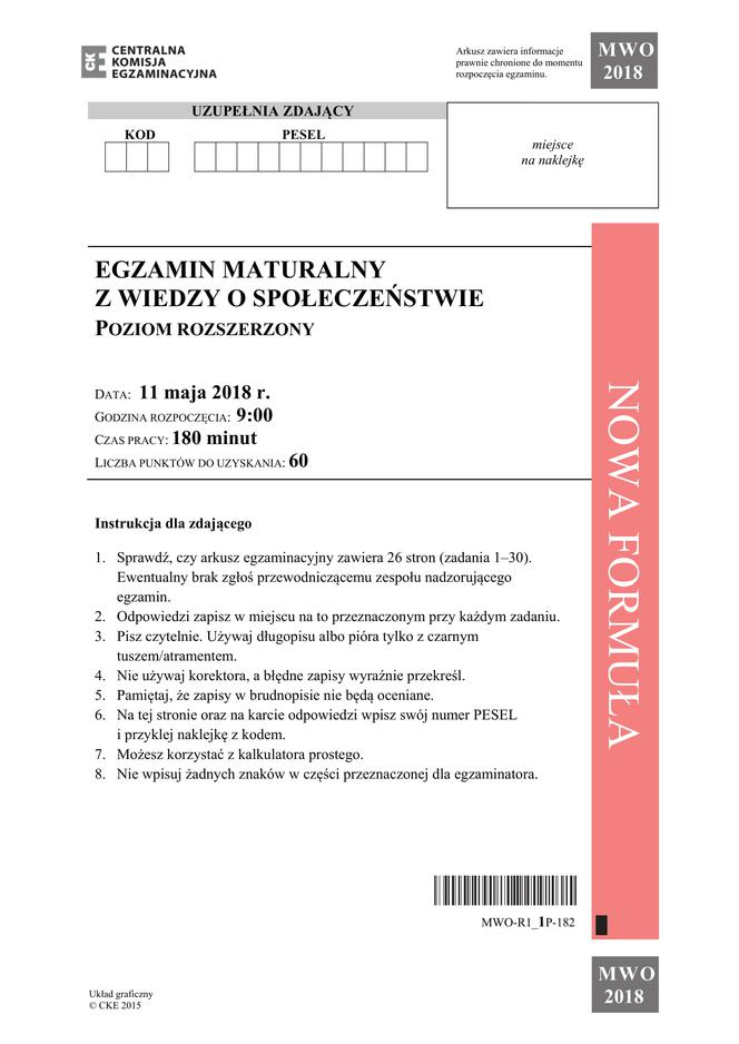 Matura: WOS. Zadania z 2018 ROKU,  akusze CKE