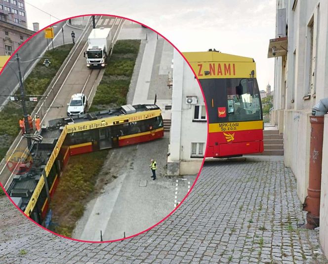 Łódź. Tramwaj wykoleił się po zderzeniu z autem. Zatrzymał się kilkanaście centymetrów przed budynkiem