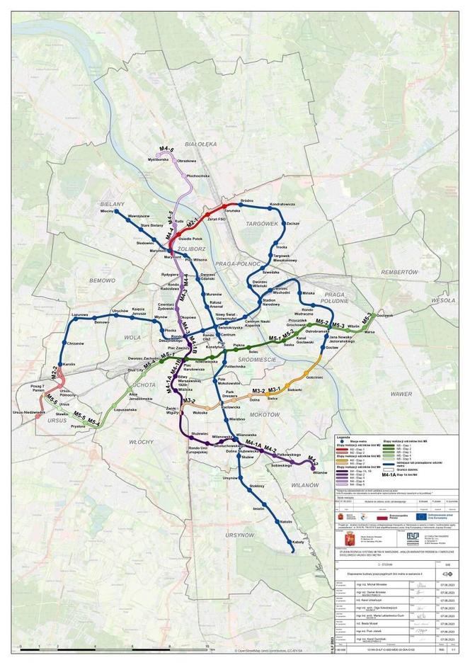 Plany rozbudowy sieci metra warszawskiego do 2050 r. z podziałem na etapy