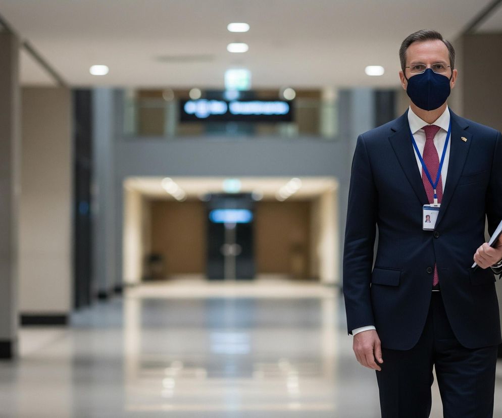 Mężczyzna w granatowym garniturze, białej koszuli i czerwonym krawacie z drobnym wzorem stoi w centrum, patrząc prosto przed siebie. Ma na sobie granatową maskę ochronną i okulary, a na szyi wisi mu identyfikator na niebieskiej smyczy. W lewej ręce trzyma otwarty notatnik lub teczkę, a tło przedstawia długi korytarz nowoczesnego budynku z beżowo-szarymi ścianami i białym sufitem z wbudowanymi lampami. Podłoga jest jasna i błyszcząca, a w oddali widać niewyraźne, podświetlone tablice informacyjne.