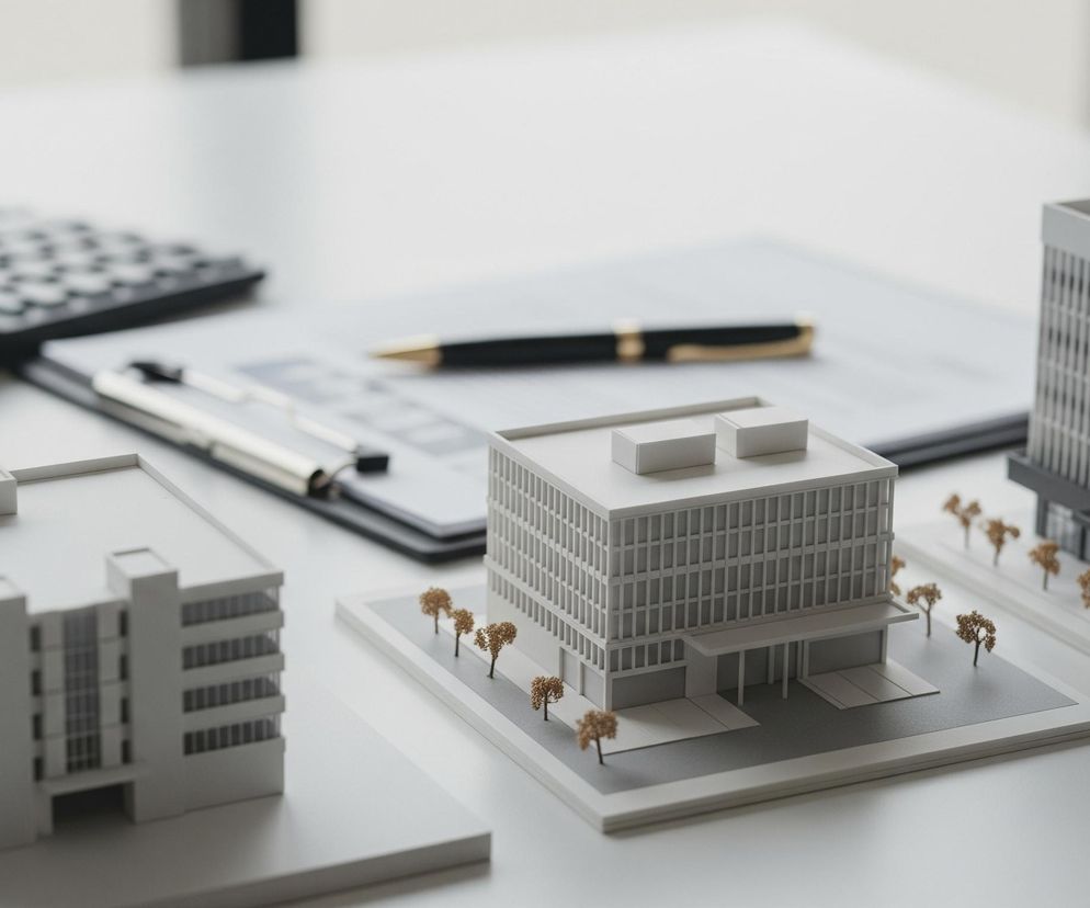 Na jasnoszarym blacie biurka umieszczono trzy miniaturowe modele budynków biurowych, dominując centralną i prawą część kadru. W tle, częściowo rozmyte, widoczne są kalkulator z czarnymi klawiszami oraz czarny teczka z dokumentami i długopisem z złotym akcentem. Modele budynków są białe lub jasnoszare, z drobnymi, brązowymi drzewkami rozmieszczonymi wokół ich podstaw.