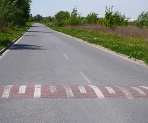 Na prostym odcinku drogi biegnącym przez łąki ustawiono aż osiem progów zwalniających 