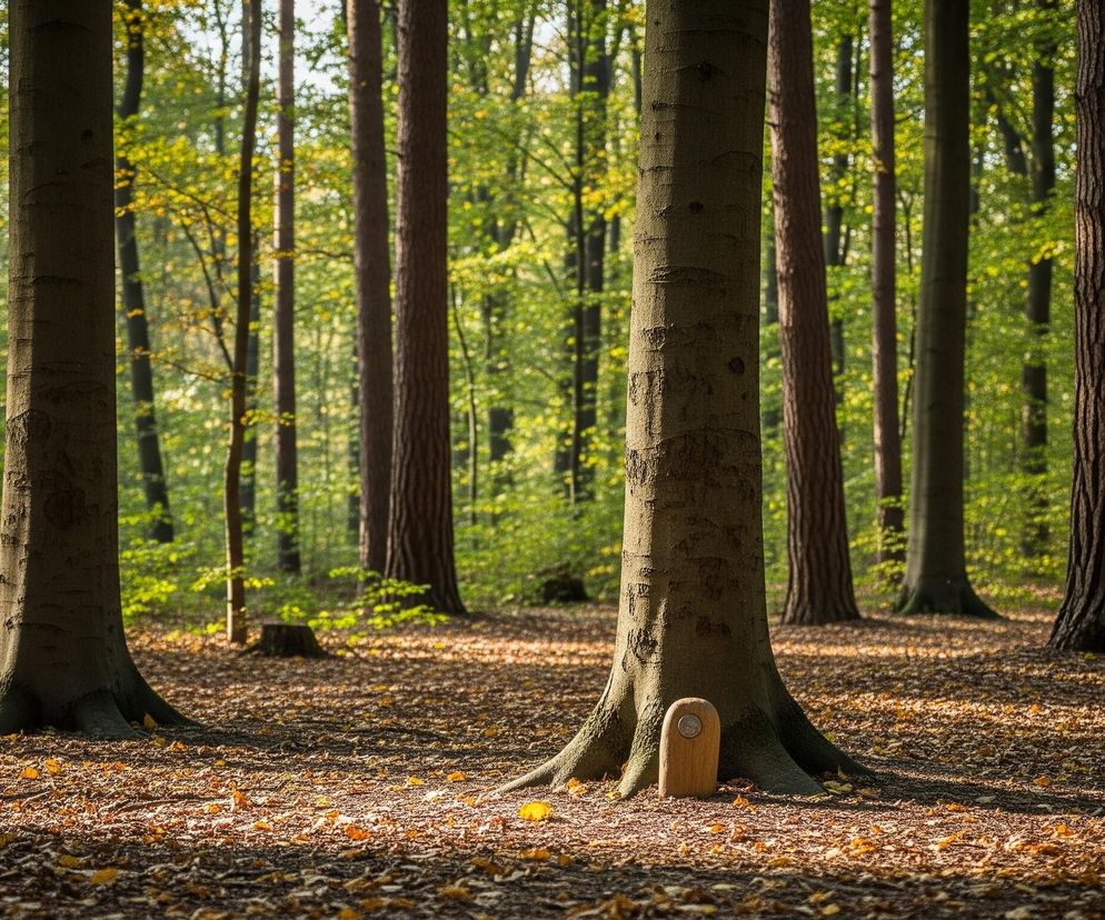 W centrum zdjęcia, na pierwszym planie, rośnie potężne drzewo o gładkiej, szarobrązowej korze, z wyraźnymi zgrubieniami u podstawy pnia. Tuż przy nim, po prawej stronie, na ziemi, znajduje się mały, drewniany, zaokrąglony obiekt z okrągłym, metalowym elementem pośrodku. Cała leśna ściółka pokryta jest opadłymi liśćmi w odcieniach brązu, pomarańczu i żółci, oświetlonymi częściowo przez promienie słońca. W tle widoczny jest gęsty las z wieloma drzewami o różnej grubości pni i zróżnicowanej kolorystyce liści, od intensywnej zieleni po jasnożółte odcienie, co sugeruje wczesną jesień.