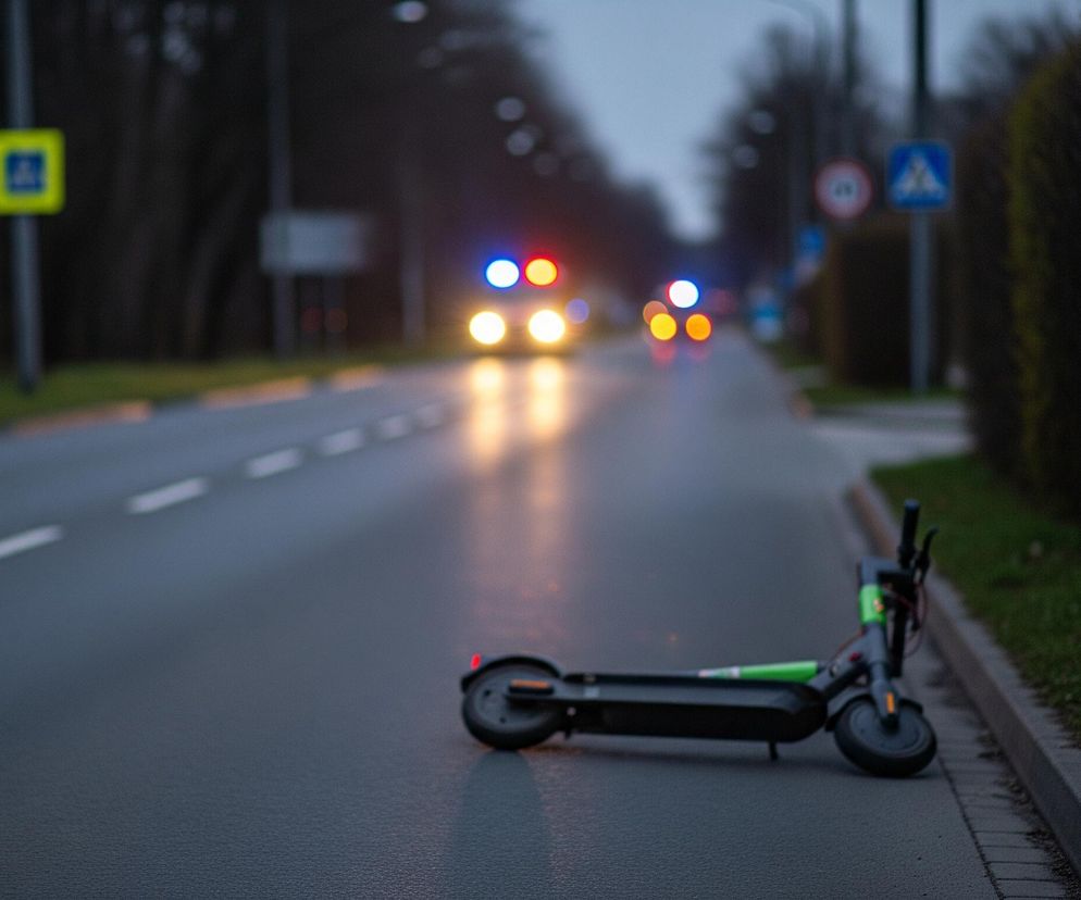 Na pierwszym planie, po prawej stronie jezdni, leży czarna hulajnoga elektryczna z elementami w jaskrawozielonym kolorze, skierowana w lewo. Asfalt jezdni jest ciemnoszary, mokry i odbija światła samochodów. W tle widać rozmazane światła pojazdów, w tym niebieskie i czerwone światła sygnalizacyjne, oraz słabo oświetlone drzewa i krzewy.