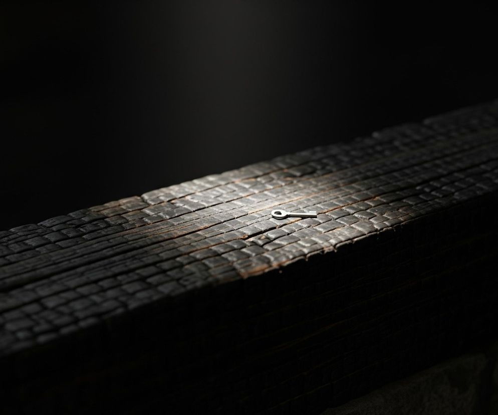 Na spalonym drewnie leży mały, srebrny kluczyk, oświetlony wyraźnym snopem światła. Drewniana powierzchnia, ciemna i chropowata, pokryta jest nieregularnymi, popękanymi elementami, tworzącymi mozaikę. Tło jest niemal całkowicie czarne, co potęguje kontrast i skupia uwagę na oświetlonym kluczyku.