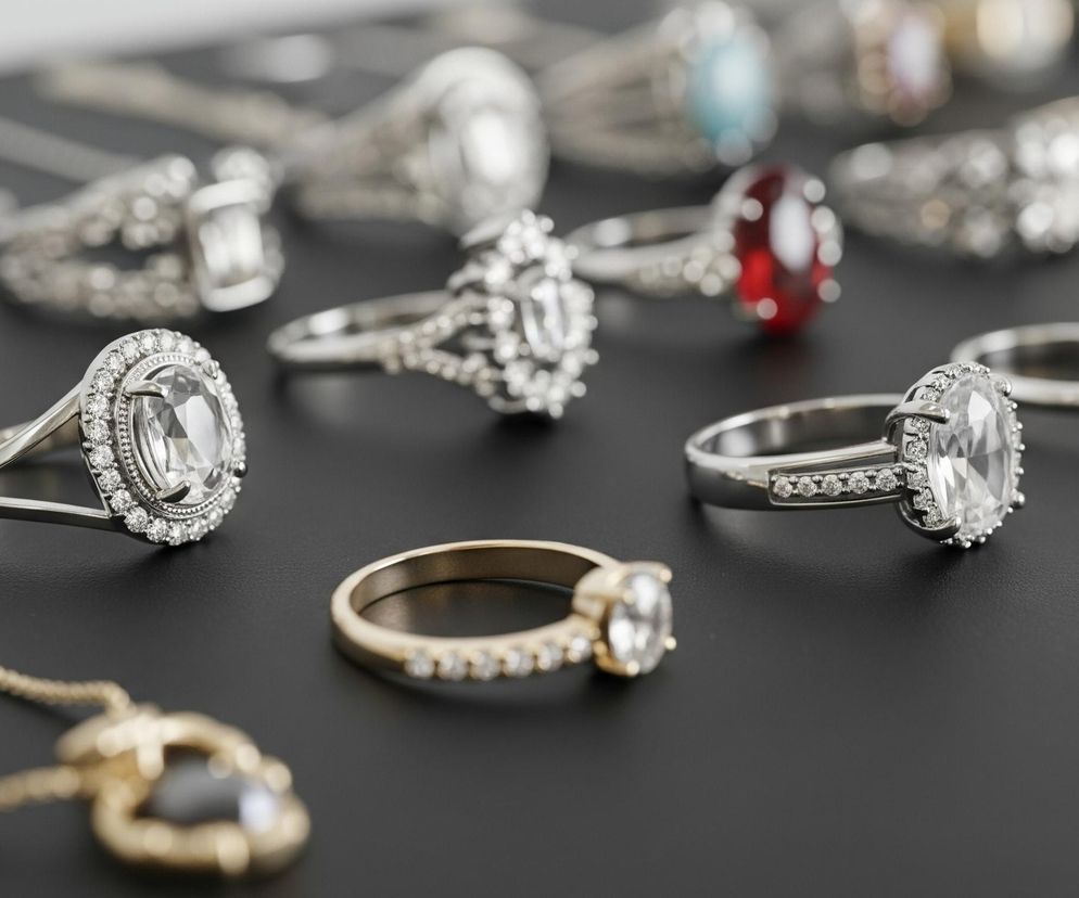 Wiele błyszczących pierścionków i jeden naszyjnik rozłożonych jest na ciemnoszarym tle. Na pierwszym planie, po lewej stronie, leży złoty łańcuszek z wisiorkiem o owalnym kształcie i ciemnym kamieniem. Pośrodku znajduje się srebrny pierścionek z dużym, przezroczystym kamieniem centralnym otoczonym małymi, okrągłymi cyrkoniami. Obok niego leży złoty pierścionek z rzędem pięciu małych, przezroczystych kamieni. W tle widoczne są inne pierścionki, w tym jeden ze szmaragdowym kamieniem, jeden z czerwonym i jeden z błękitnym kamieniem.