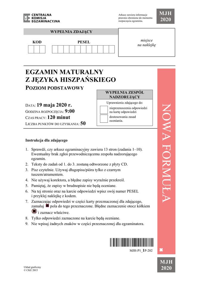 Matura 2020 ARKUSZ CKE: j. hiszpański - p. podstawowy