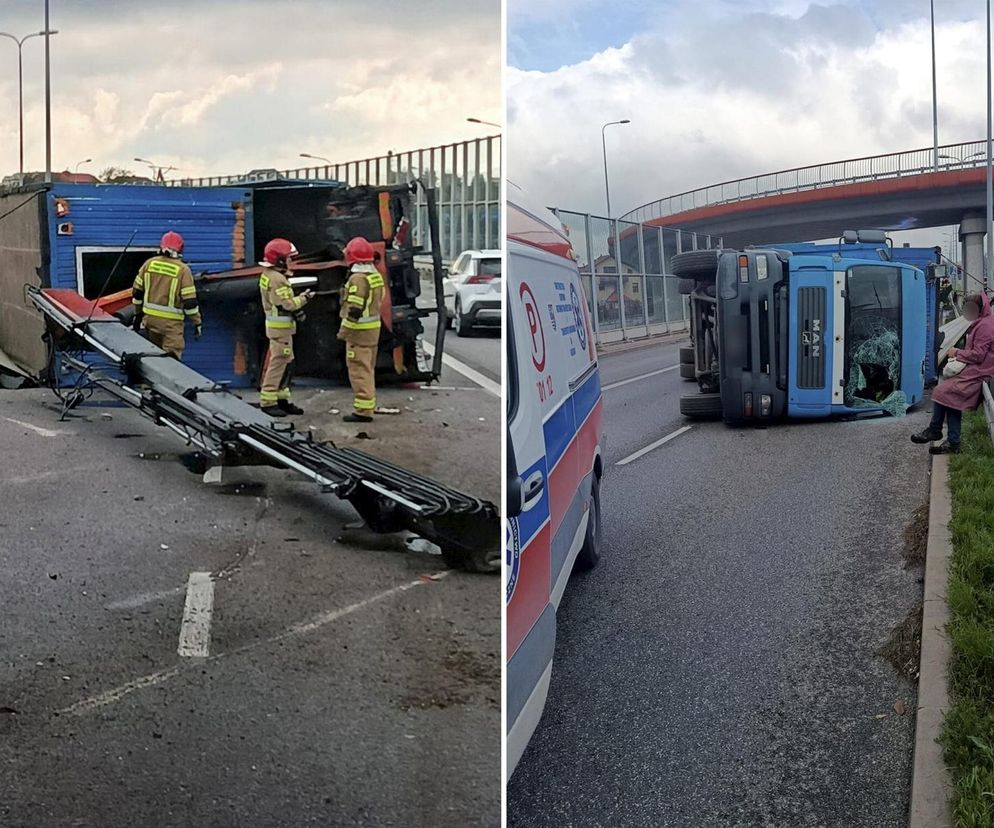 Kielce. Wypadek na ul. Grunwaldzkiej. Ciężarówka przewróciła się po zahaczeniu o wiadukt [ZDJĘCIA].