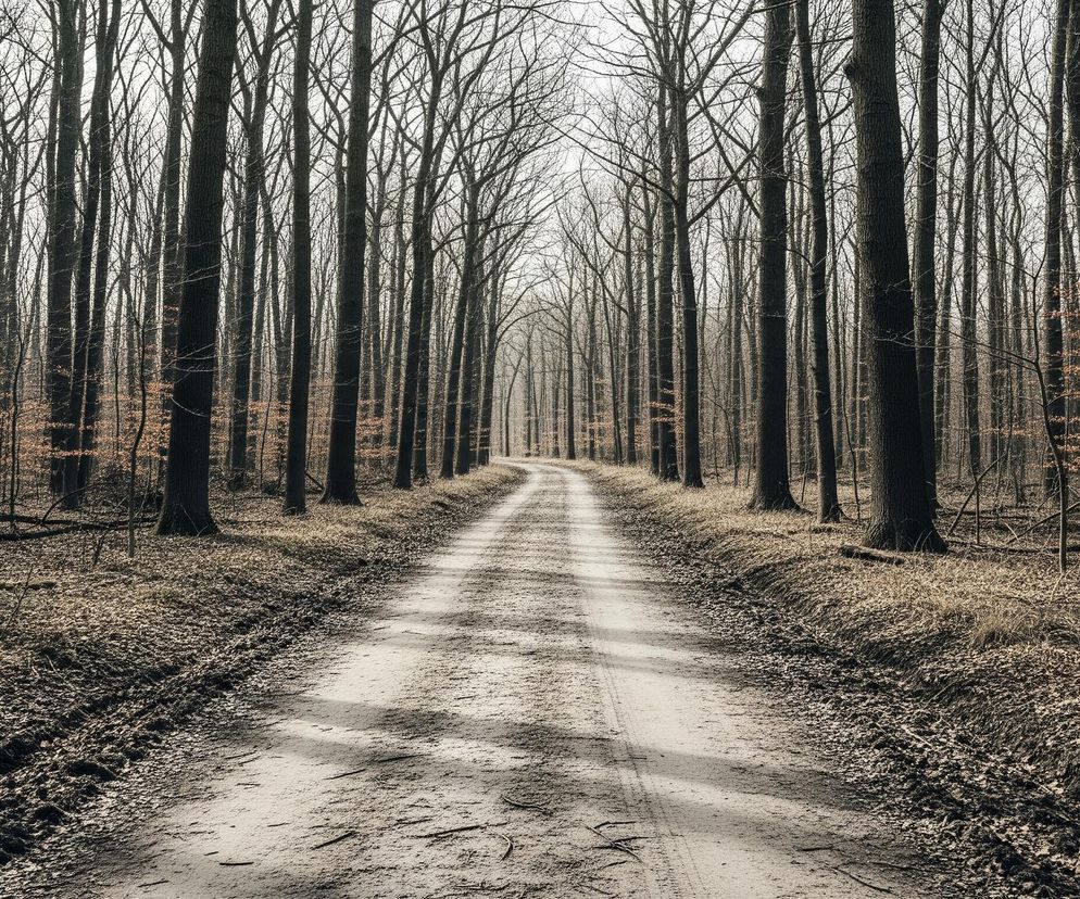 Piaszczysta droga prowadzi przez las, rozciągając się w głąb obrazu i stopniowo zwężając. Po obu stronach drogi rosną liczne, wysokie drzewa o ciemnych, nagich pniach i gałęziach. Podłoże pokryte jest warstwą suchych, opadłych liści i gałązek w odcieniach brązu i beżu. Pomiędzy pniami widoczne są krzewy z drobnymi, brązowymi liśćmi, a tło lasu zlewa się w jasną, zamgloną przestrzeń.